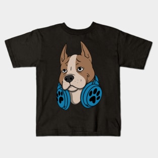 Pitbull Dog Blue Headphones Kids T-Shirt